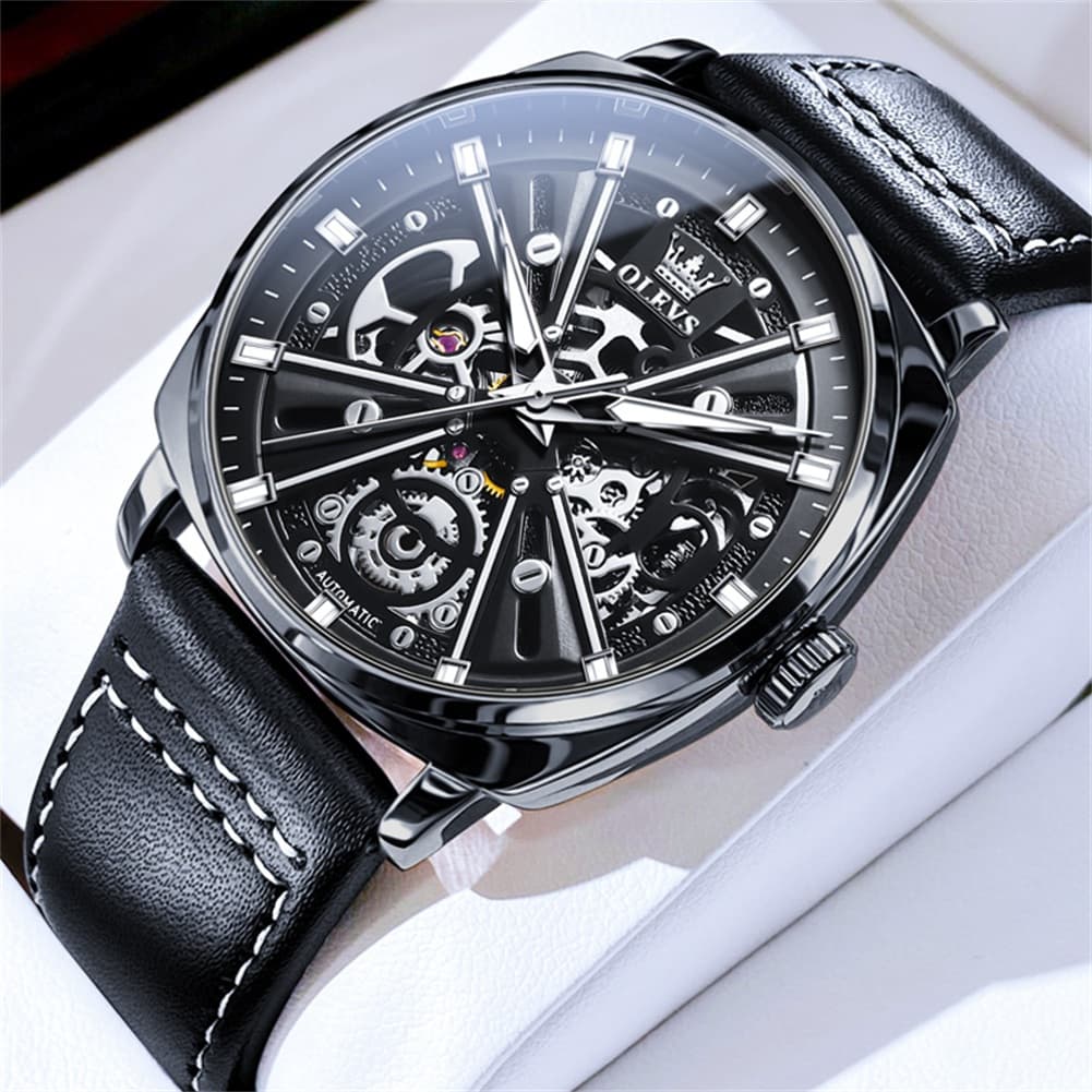 OLEVS 6685 Mechanical Skeleton Leather Watch for Men