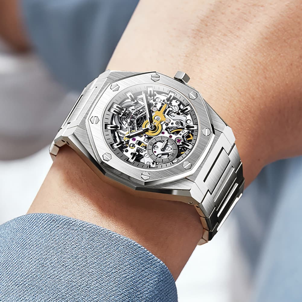 OLEVS 6669 Stainless Steel Octagonal Skeleton Watch for Men