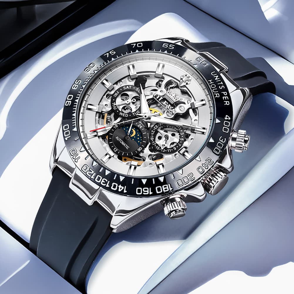 OLEVS 6713 Skeleton Silicone Sports Racing Mechanical Watch For Men