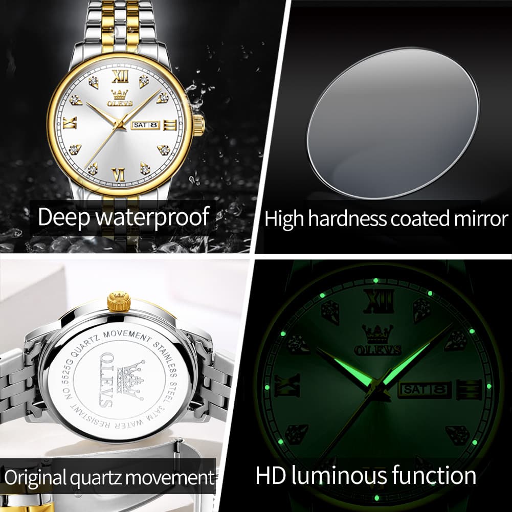 OLEVS Couple Watches Diamond Dial Day Date Quartz Watch 5525 Steel Band for His and Hers