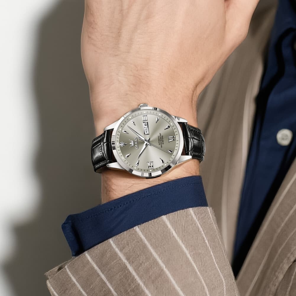 OLEVS Diamond Dial Day Date Automatic Mechanical Watch 9956 Leather Strap for Men