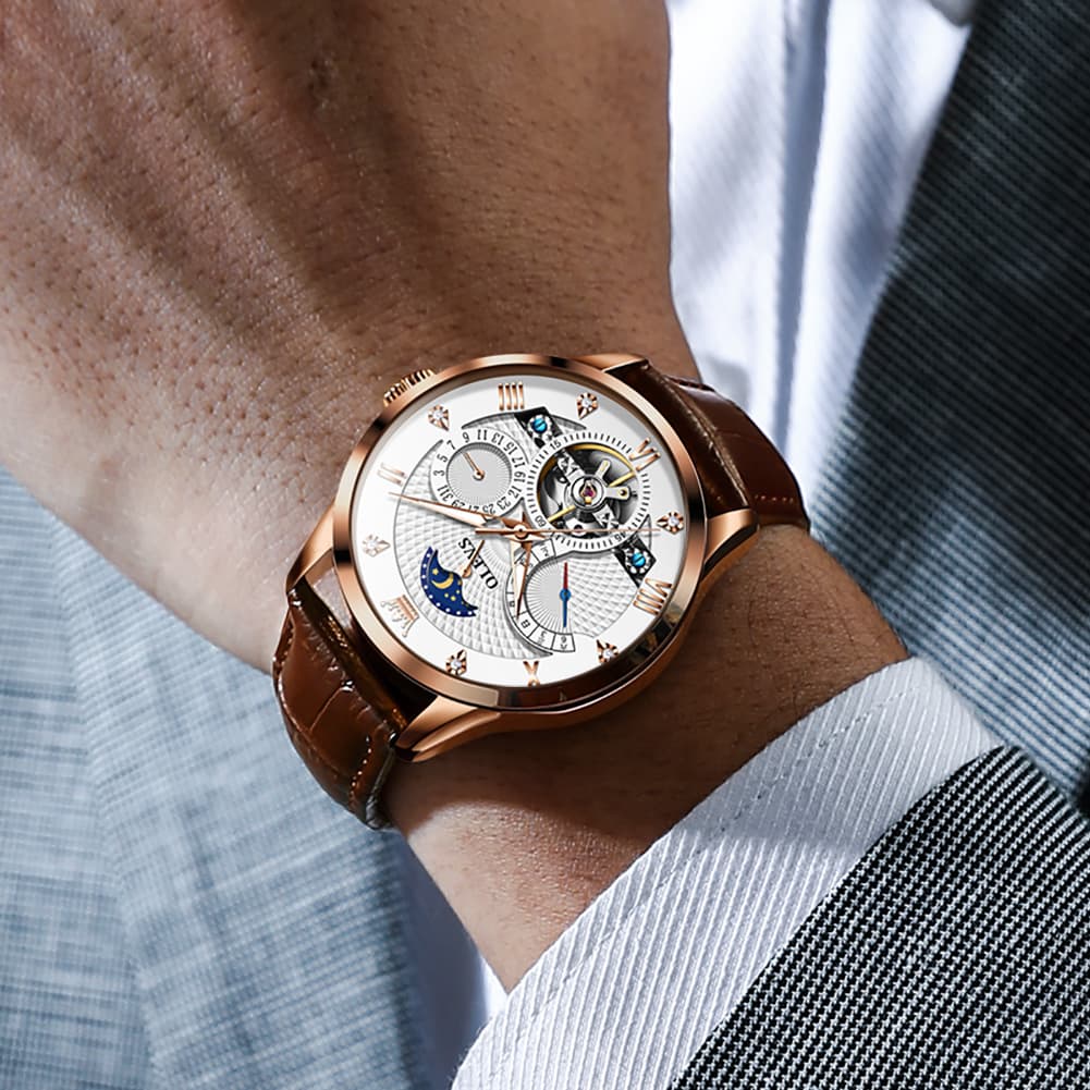 OLEVS 6652 Leather Mechanical Moon Phase Watch for Men