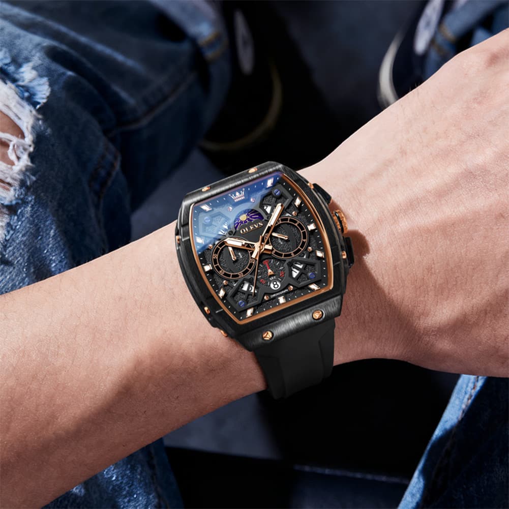 OLEVS 2942 Tonneau Silicone Sports Quartz Watch for Men