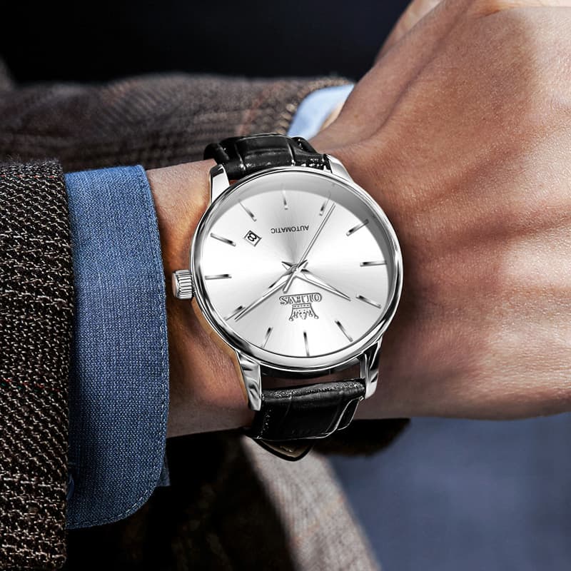 OLEVS 6725 Minimalist Leather Strap Automatic Mechanical Lightweight Watch For Men