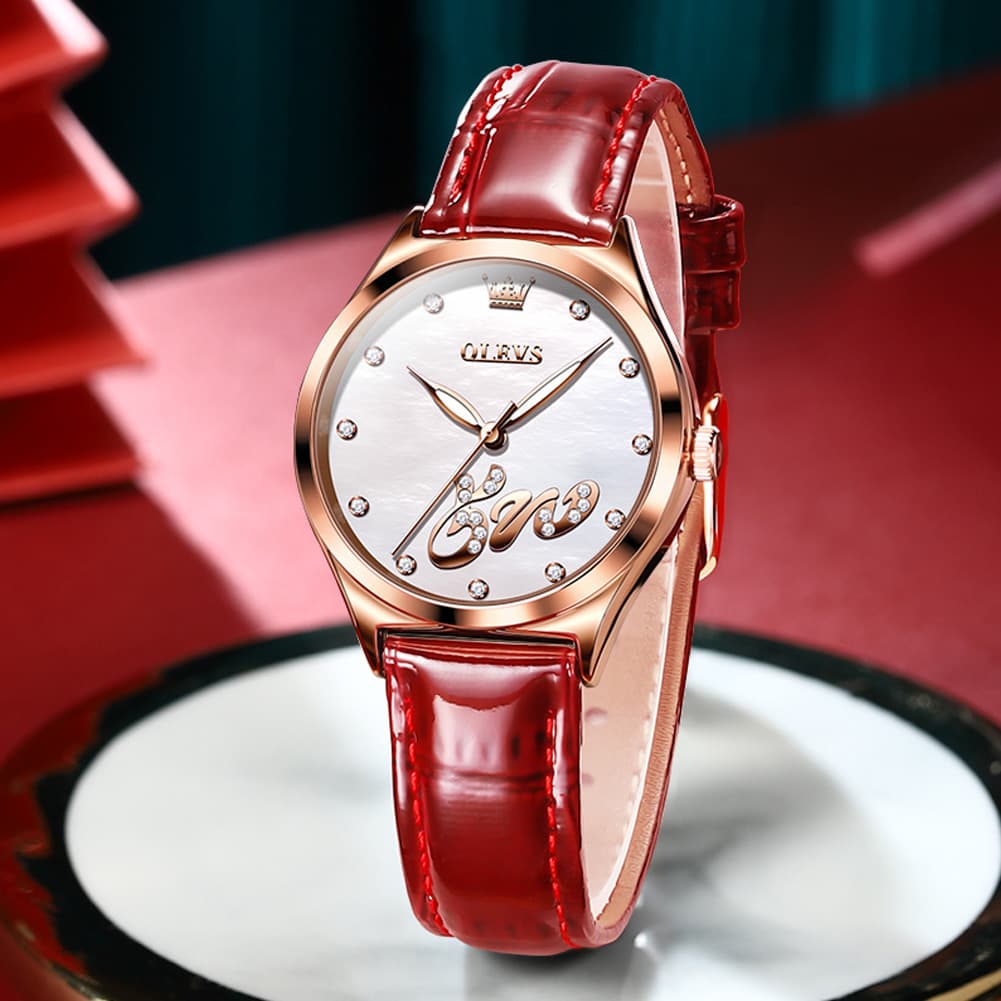 OLEVS 5581 Love Motif Diamond Watch Rose Gold Leather Strap Romantic Gift Timepiece for Women
