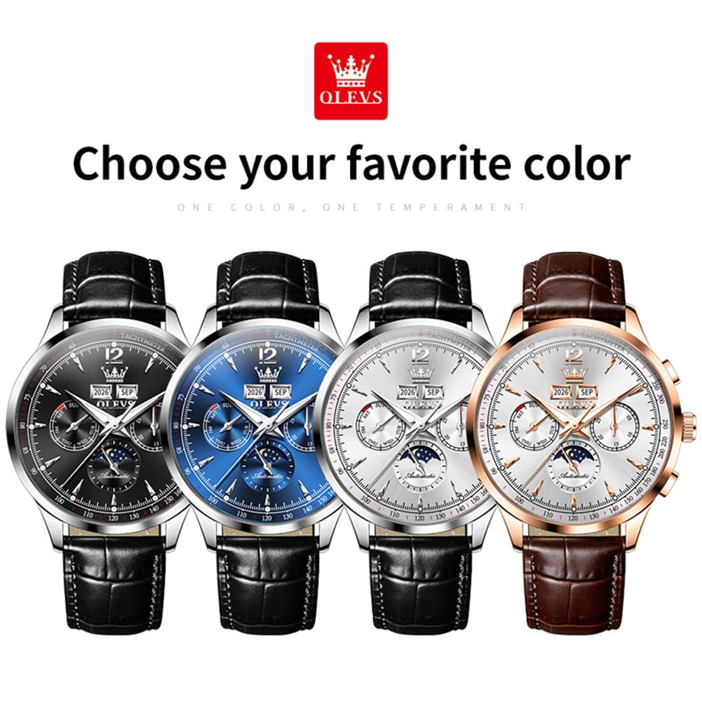 OLEVS Moon Phase Automatic Mechanical Watch 7128 Leather Strap for Men