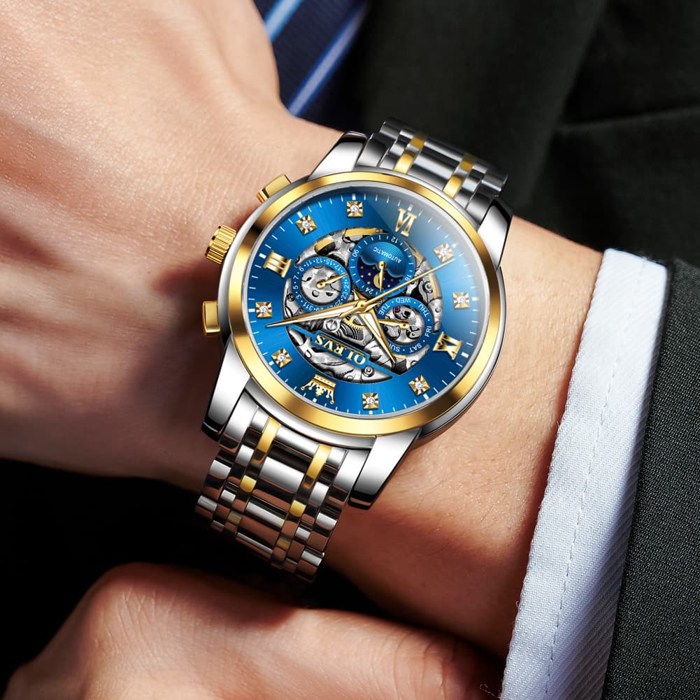 OLEVS 6721 Openwork Skeleton Diamond Dial Moon Phase Calendar Mechanical Watch For Men