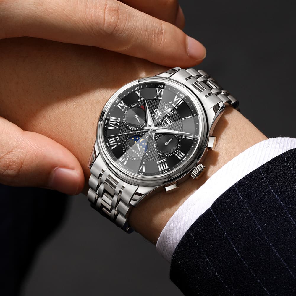 OLEVS 7113 Diamond Cut Glass Moon Phase Automatic Mechanical Watch for Men