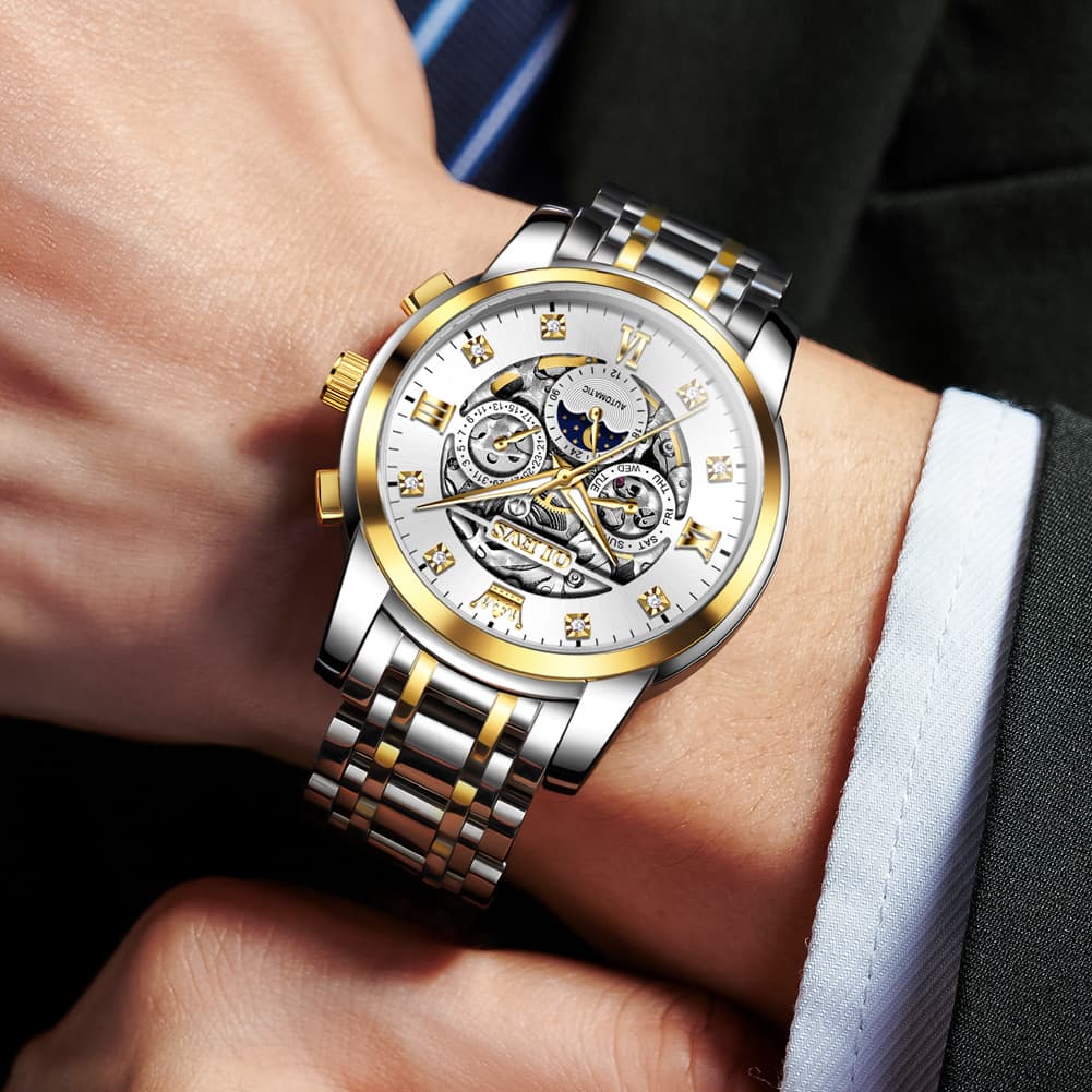 OLEVS 6721 Openwork Skeleton Diamond Dial Moon Phase Calendar Mechanical Watch For Men