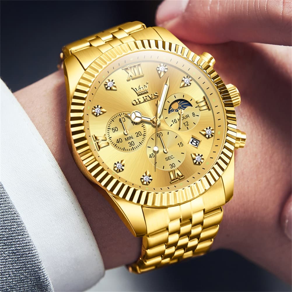 OLEVS 2932 Luxury Gold Fluted Bezel Quartz Watch for Men