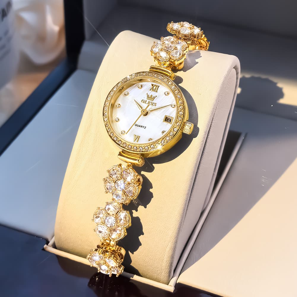 OLEVS Women Spinning Flower Watch Peach Blossom Crystal Mother of Pearl Date Quartz 5638