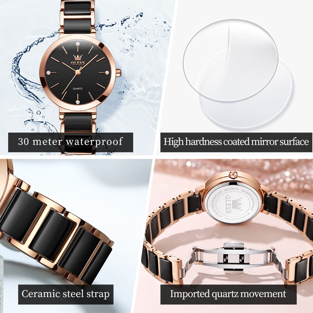 OLEVS 5877 Ceramic Bracelet Watch Rose Gold Minimalist Diamond Accent Japan Quartz Luxury Timepiece for Women