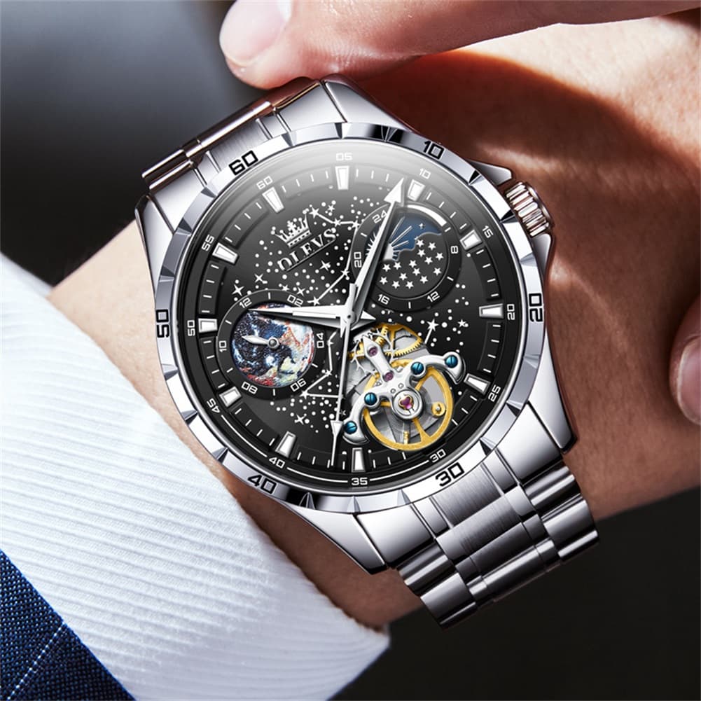 OLEVS 6689 Automatic Skeleton Starry Sky Leather Steel Watch for Men