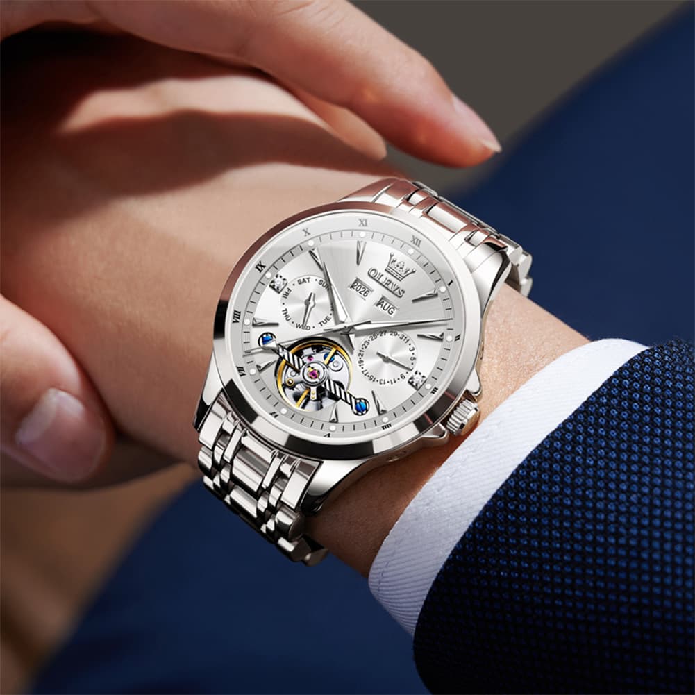 OLEVS 7091 Double Open Heart Multi-Function Automatic Watch For Men