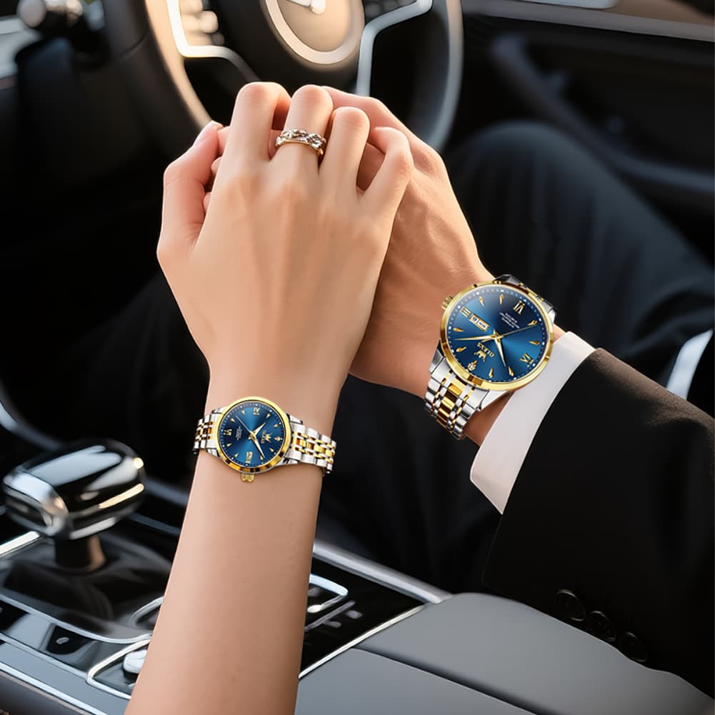 OLEVS Couple Watches Diamond Dial Automatic Mechanical Watch 9956 Steel Band for His and Hers