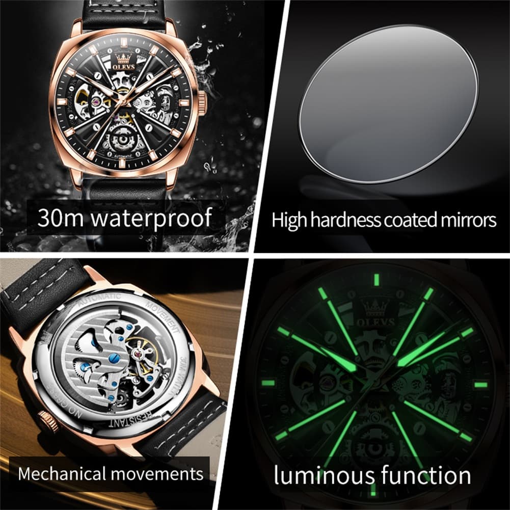 OLEVS 6685 Mechanical Skeleton Leather Watch for Men