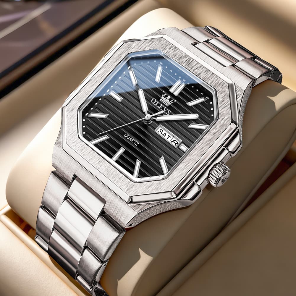 OLEVS 3731 Square Ribbed Dial Luminous Quartz Watch for Men