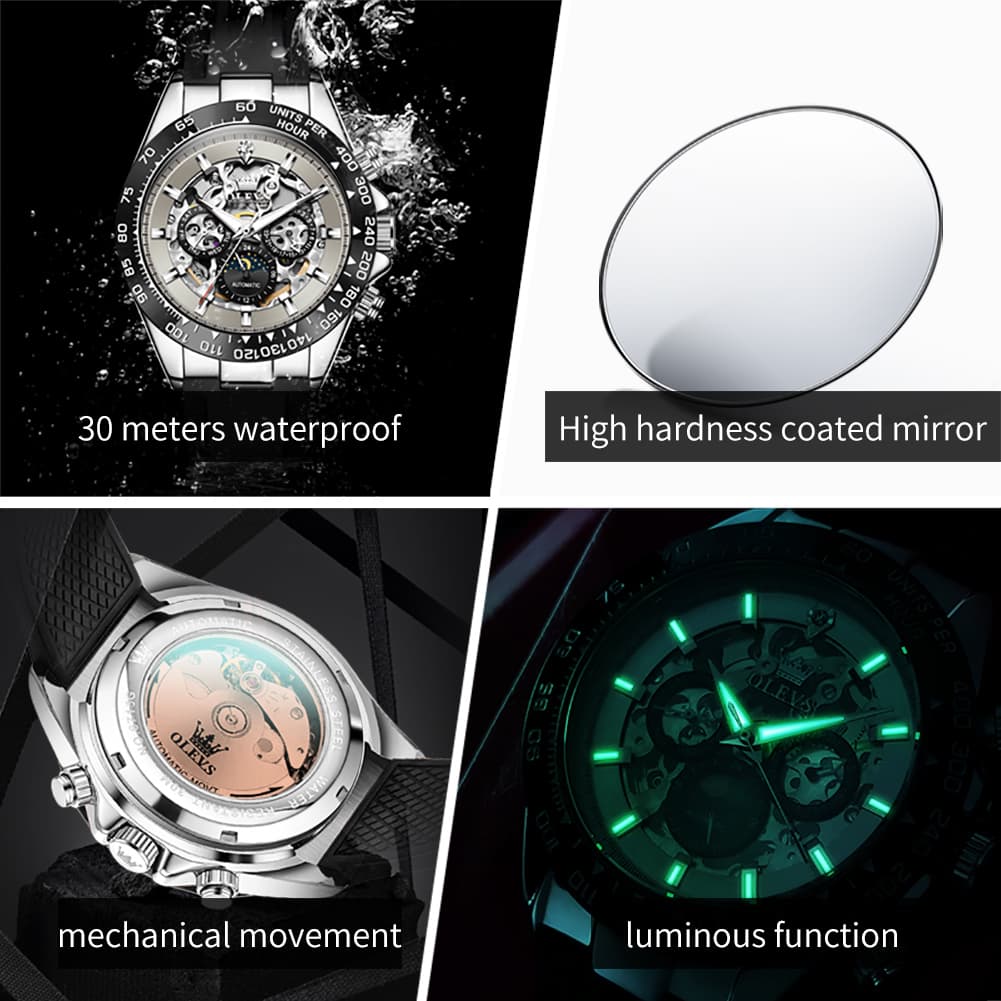 OLEVS 6713 Skeleton Silicone Sports Racing Mechanical Watch For Men