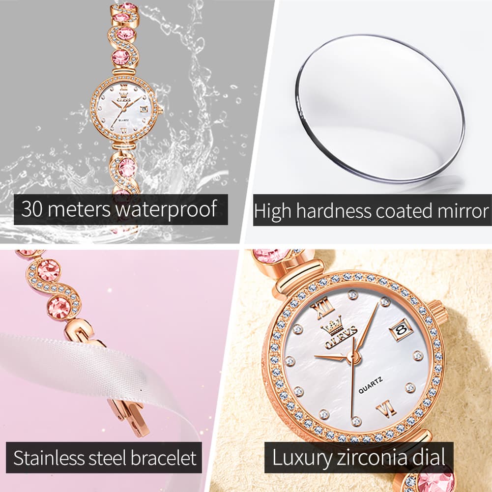OLEVS Women Jewelry Bracelet Watch Pink Diamond Mother of Pearl Date Quartz 5633