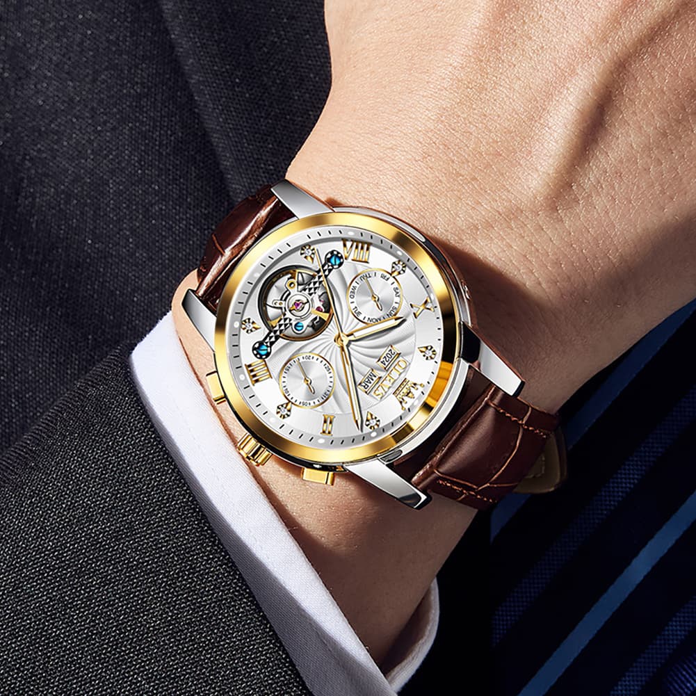 OLEVS 7088 Open Heart Leather Automatic Watch For Men