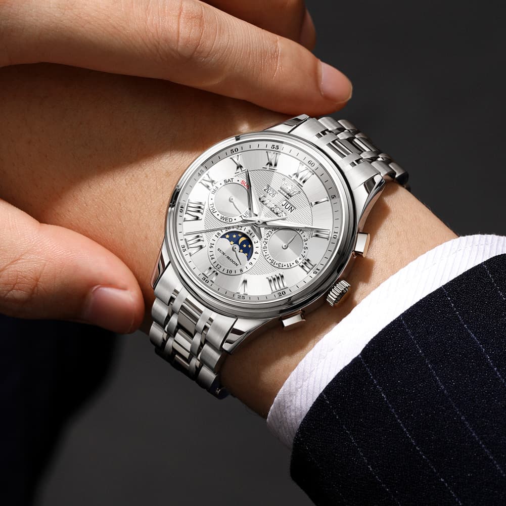 OLEVS 7113 Diamond Cut Glass Moon Phase Automatic Mechanical Watch for Men