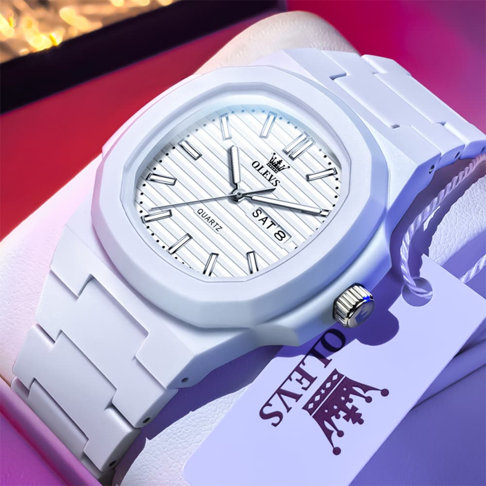 OLEVS Men Streetwear Octagonal Porthole Watch Resin Day Date Quartz 5627