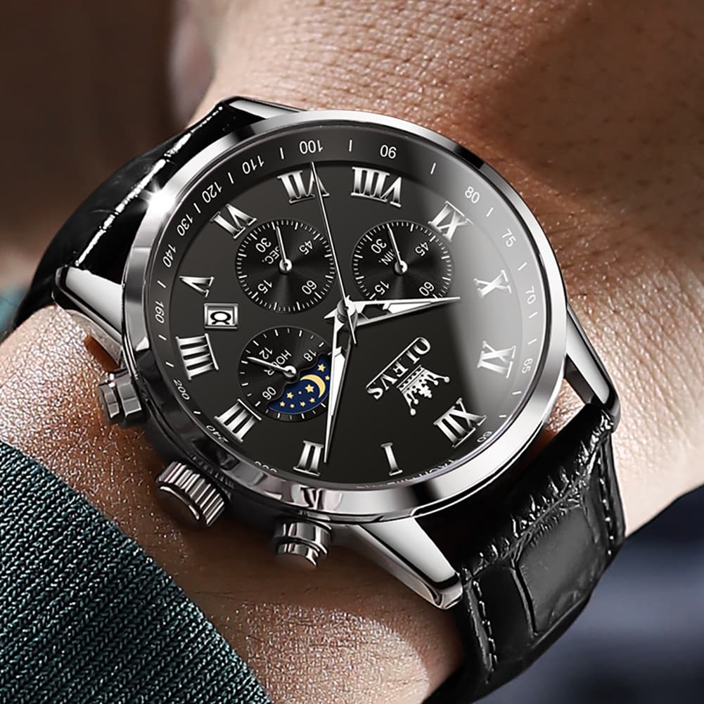 OLEVS Chronograph Moon Phase Dress Watch Leather Strap for Men 5529