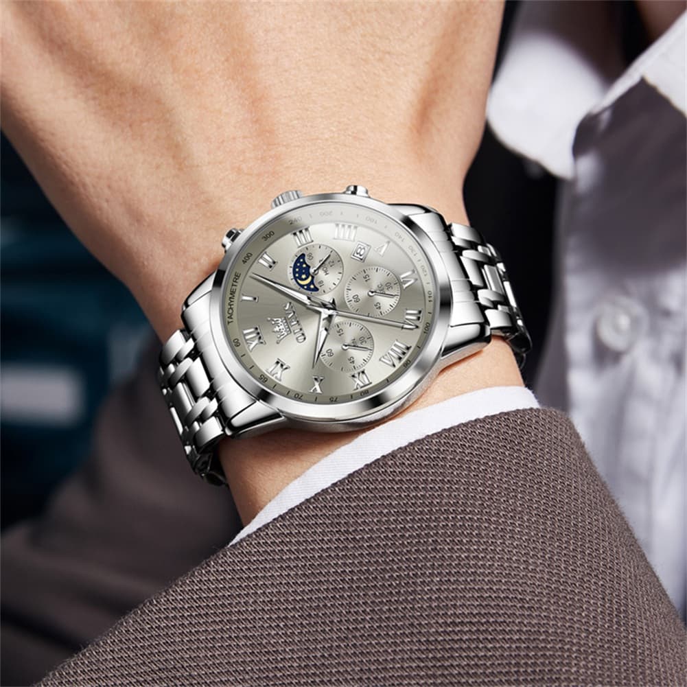 OLEVS Chronograph Moon Phase Dress Watch for Men Stainless Steel 5529