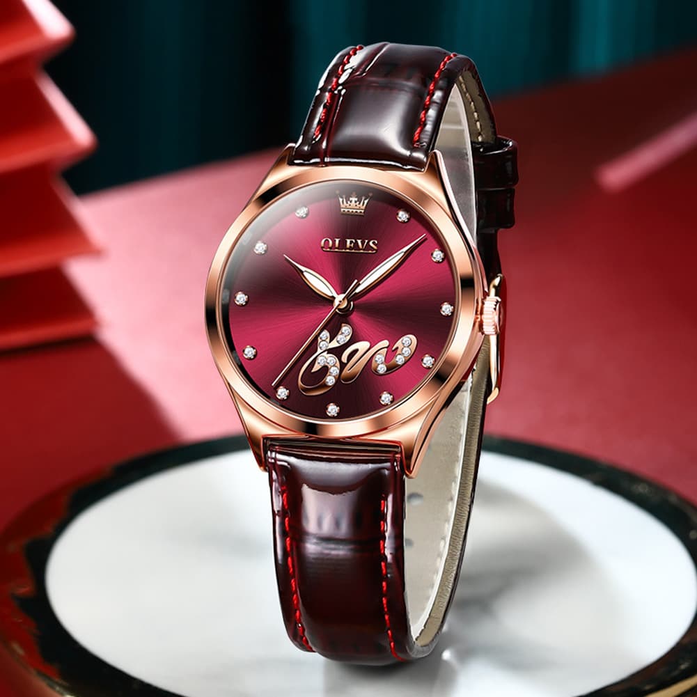 OLEVS 5581 Love Motif Diamond Watch Rose Gold Leather Strap Romantic Gift Timepiece for Women