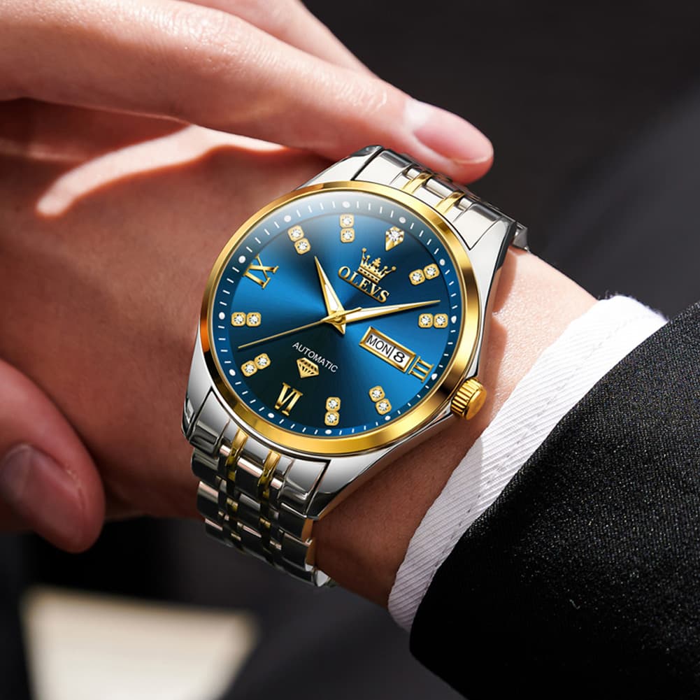 OLEVS Diamond Dial Automatic Mechanical Watch 9801 Day Date for Men