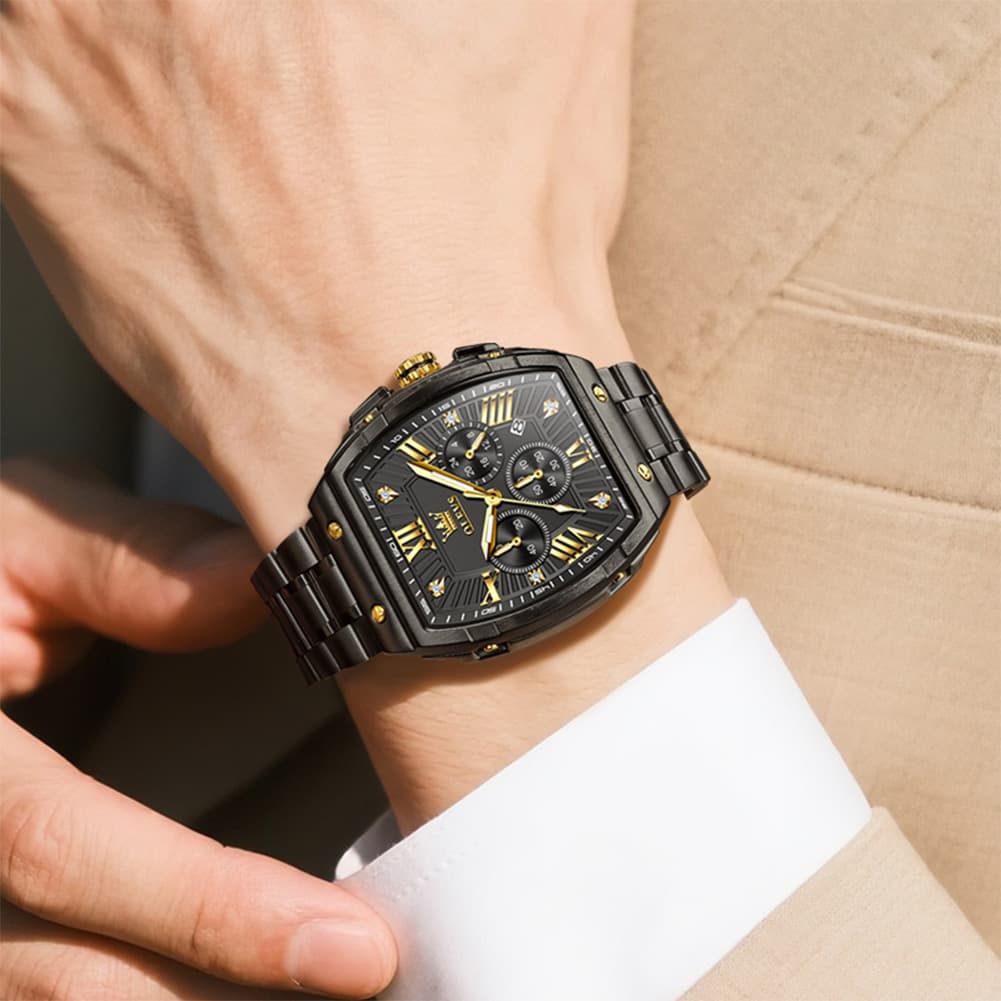 OLEVS Men Tonneau Watch Chronograph Stainless Steel Luxury Quartz 5639