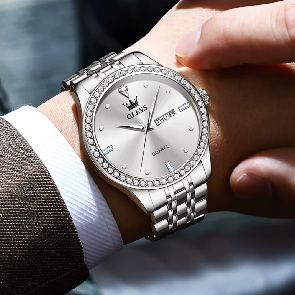 OLEVS 3625 Diamond Bezel Quartz Steel Watch for Men