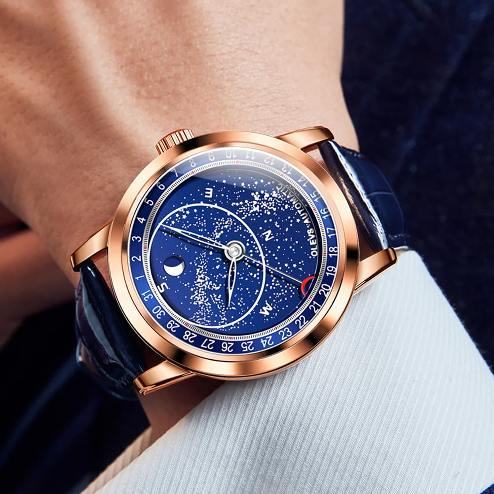 OLEVS Starry Sky Moon Phase Automatic Mechanical Watch 9923 Leather Strap for Men