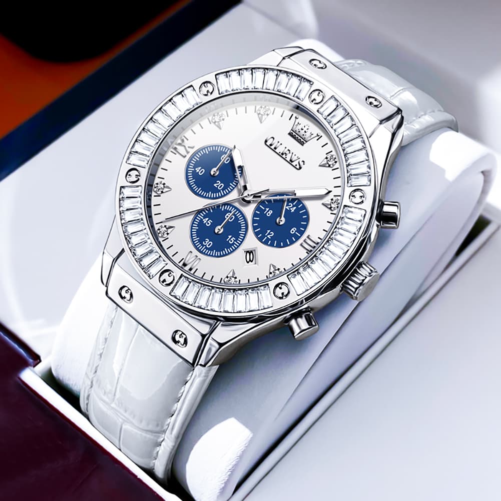 OLEVS 9978 Diamond Bezel Chronograph Leather Watch for Women