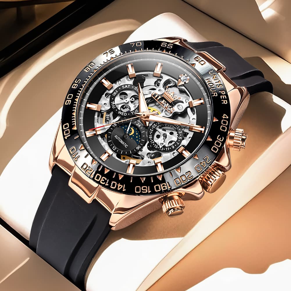 OLEVS 6713 Skeleton Silicone Sports Racing Mechanical Watch For Men