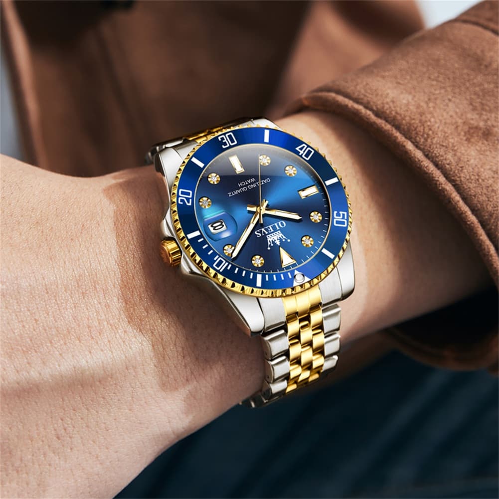 OLEVS 9809 Rotating Bezel Diamond Dial Stainless Steel Quartz Watch for Men
