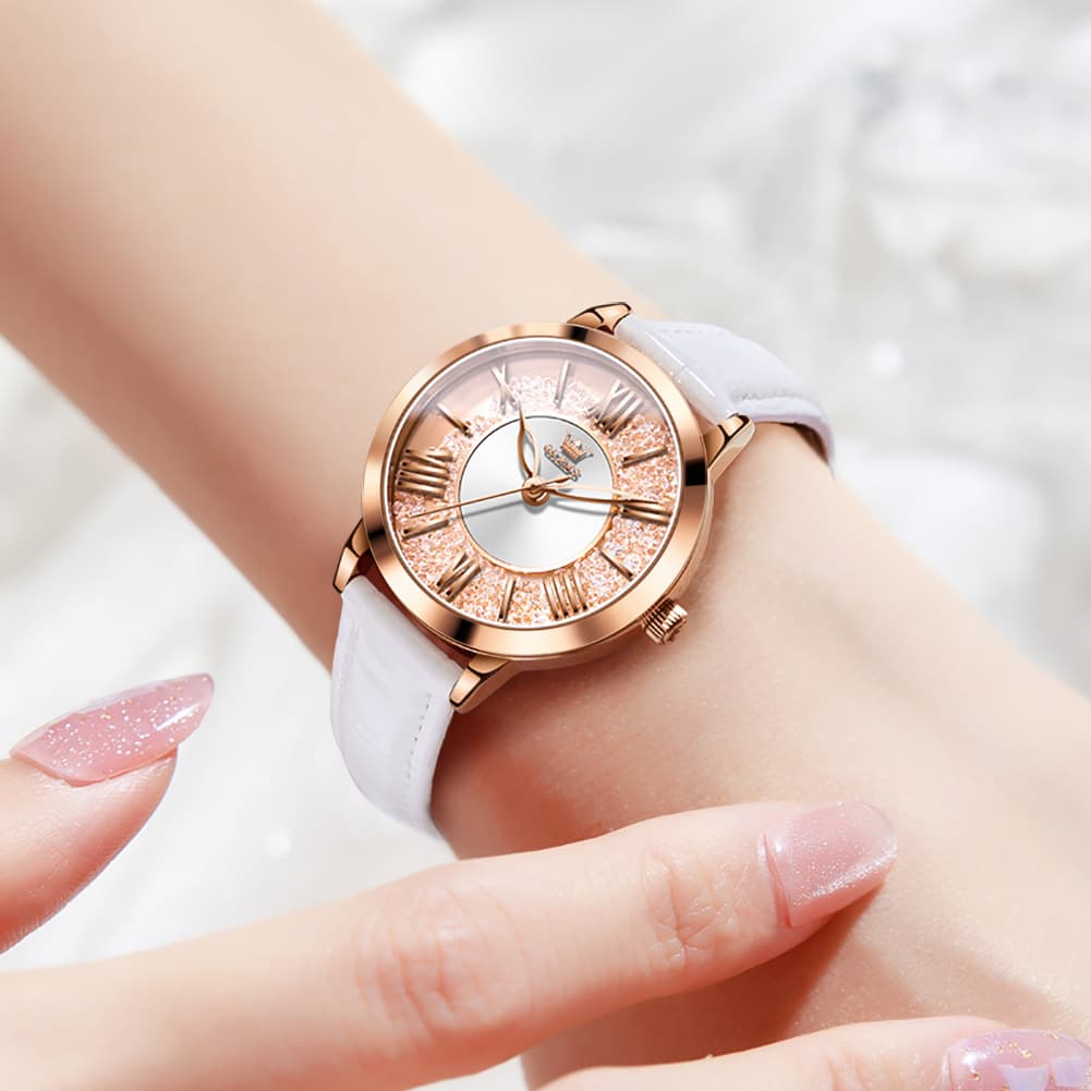OLEVS Flowing Quicksand Crystal Dress Watch for Women Leather Strap 5539