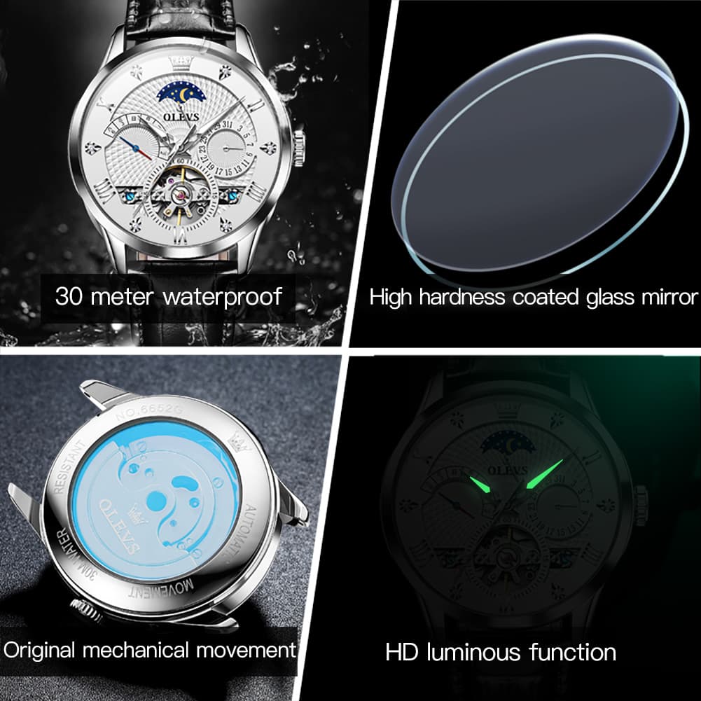 OLEVS 6652 Leather Mechanical Moon Phase Watch for Men