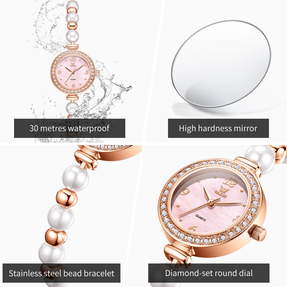 OLEVS Women Pearl Bracelet Watch Diamond Bezel Mother of Pearl Quartz 5640