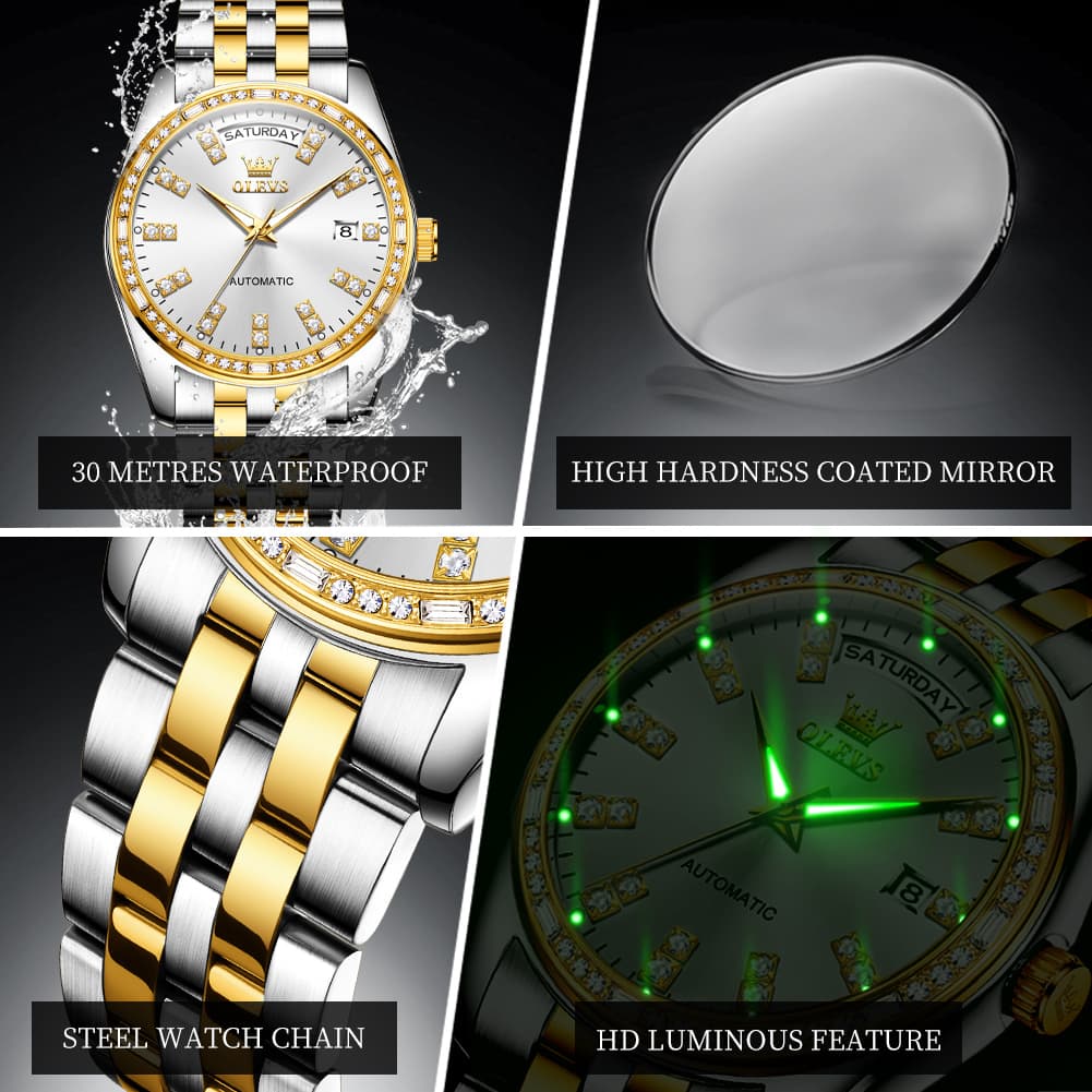 OLEVS Diamond Bezel Day Date Automatic Mechanical Watch 9802 for Men