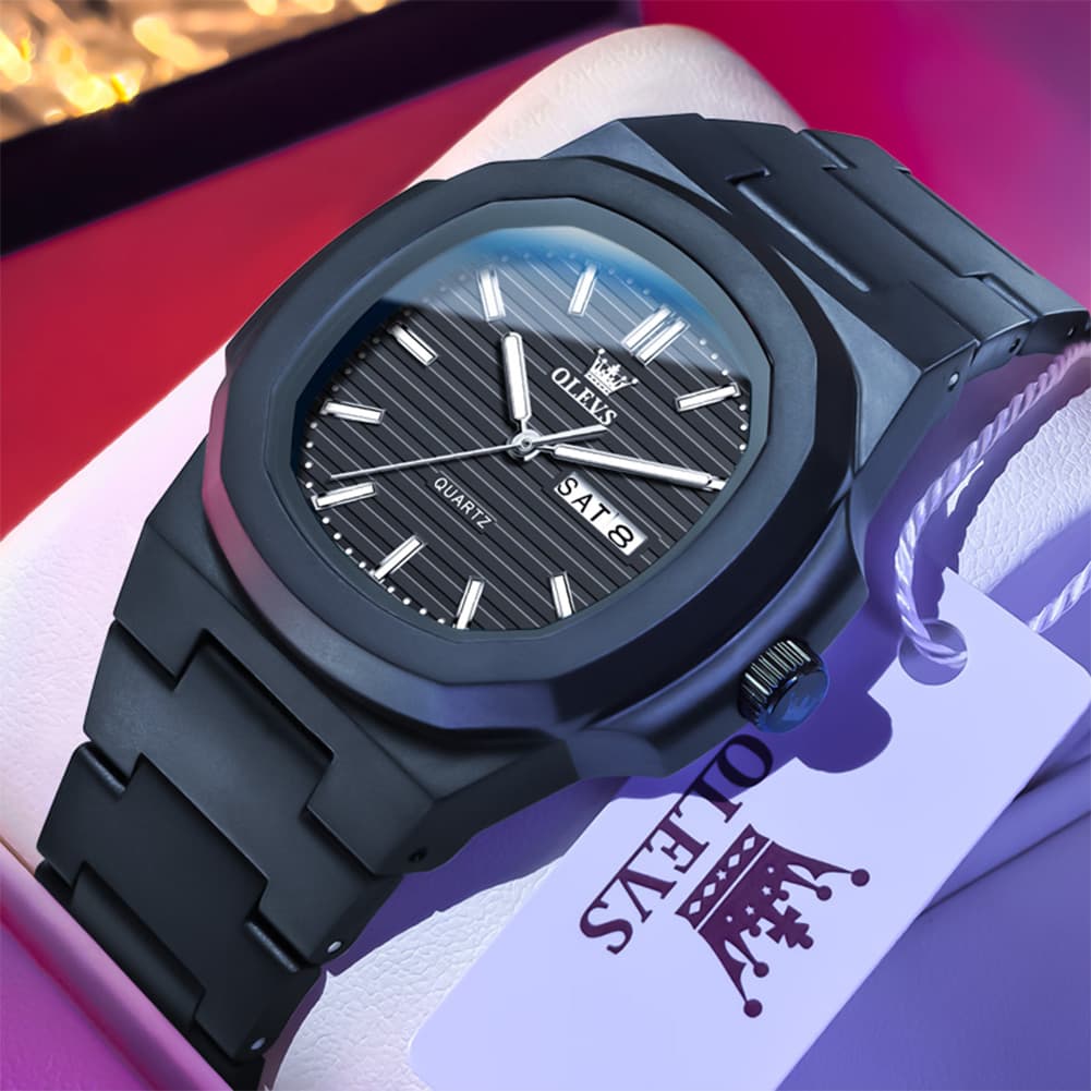 OLEVS Men Streetwear Octagonal Porthole Watch Resin Day Date Quartz 5627