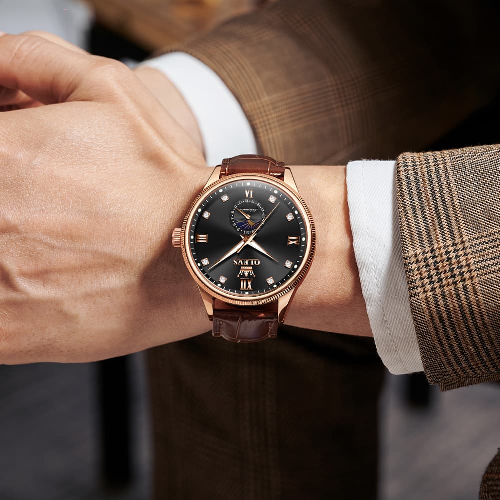 OLEVS 7039 Leather Moon Phase Mechanical Watch For Men