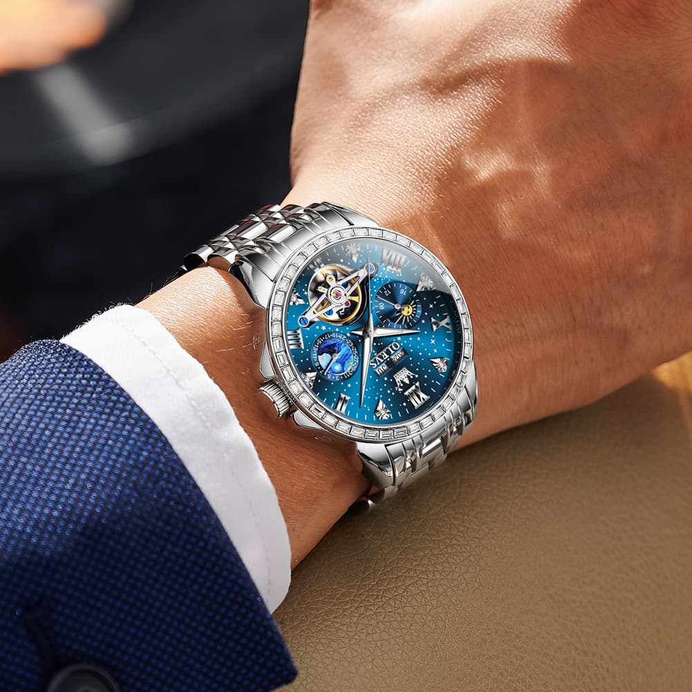 OLEVS 6712 Diamond Bezel Starry Moon Phase Calendar Mechanical Watch For Men