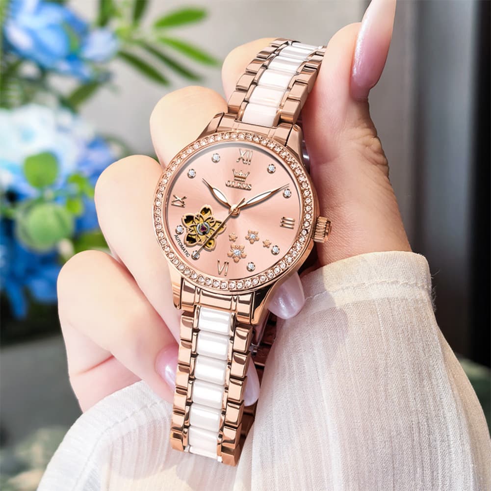 OLEVS 7074 Ceramic Open Heart Automatic Watch For Women