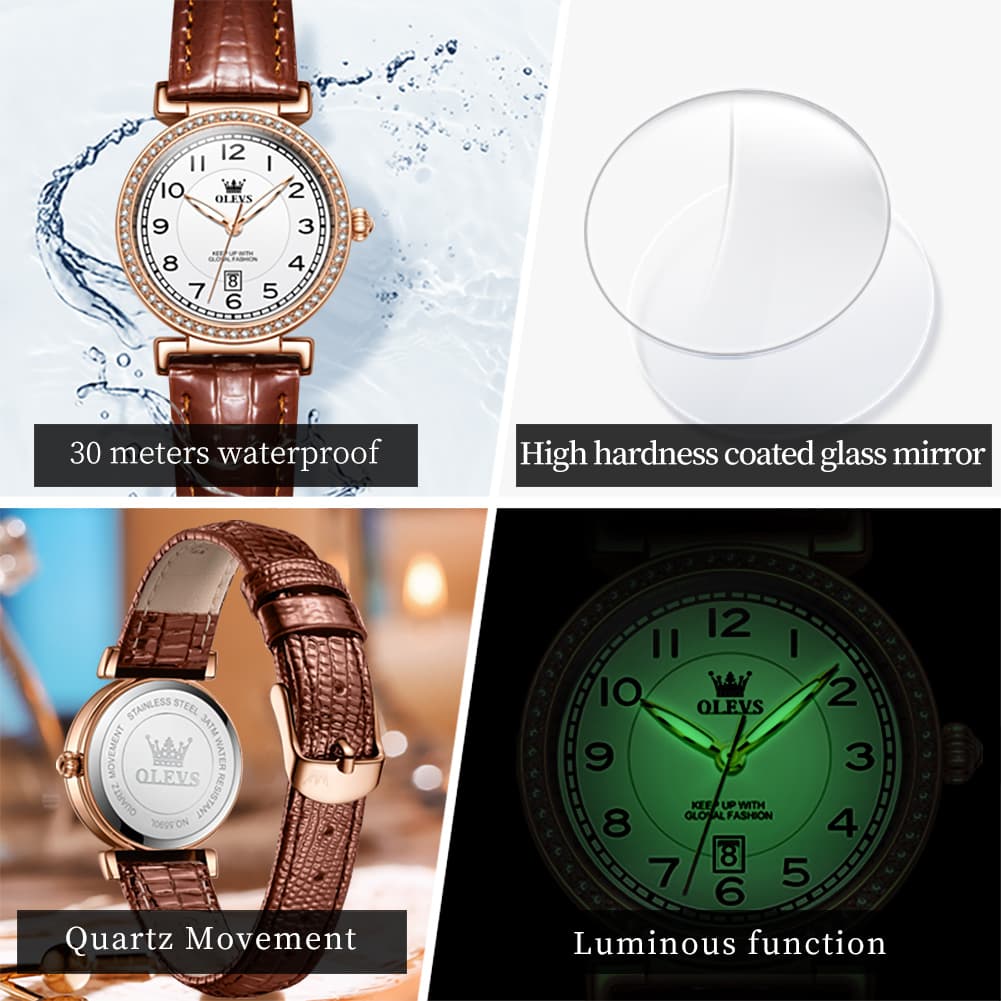 OLEVS Women Vintage Leather Dress Watch Arabic Numerals Date Quartz 5590