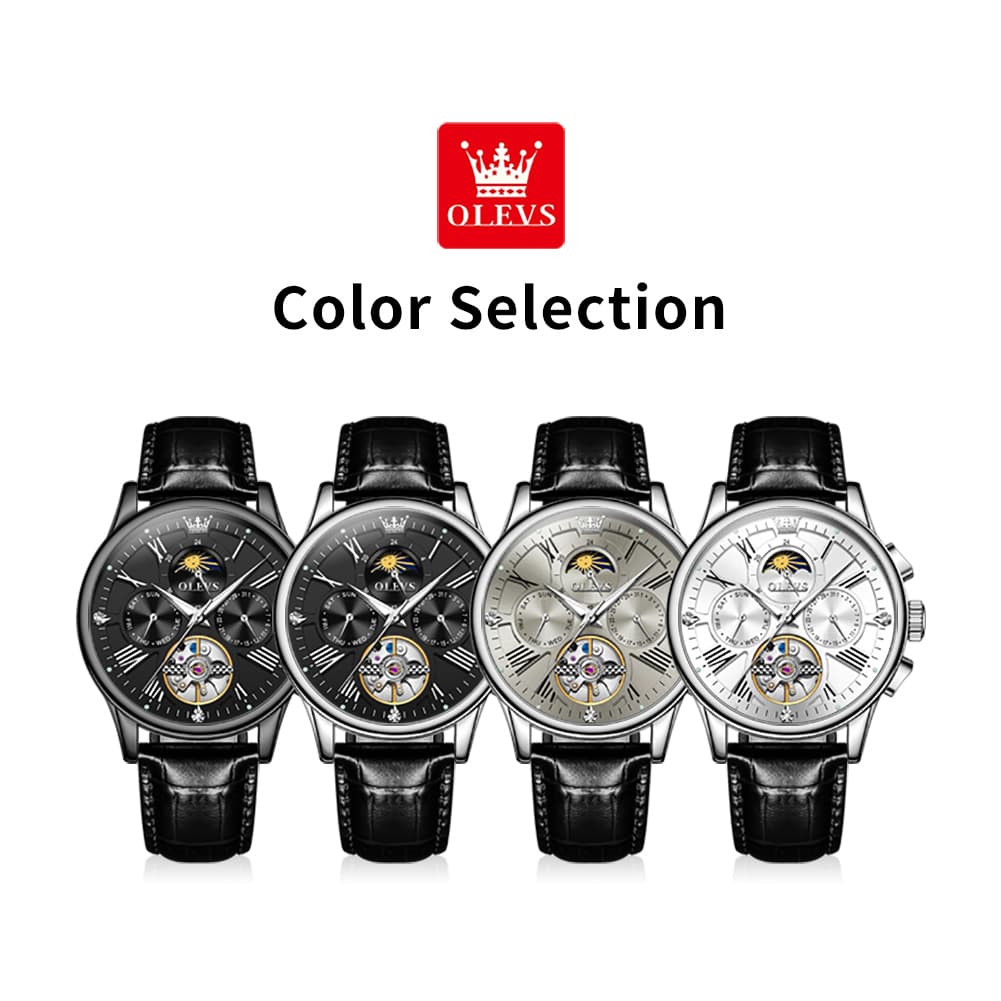 OLEVS Moon Phase Open Heart Automatic Mechanical Watch 9912 Leather Strap for Men