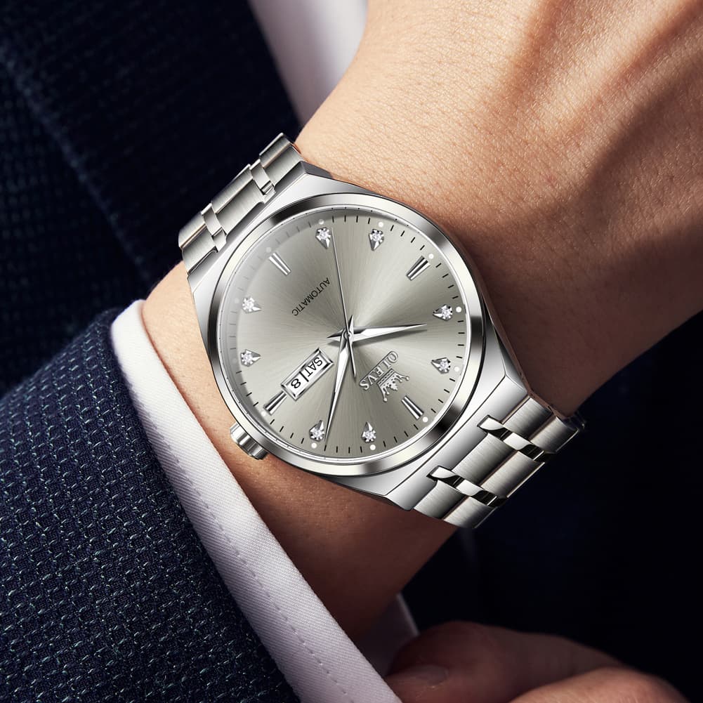 OLEVS Integrated Bracelet Diamond Dial Automatic Watch 9811 Day Date for Men