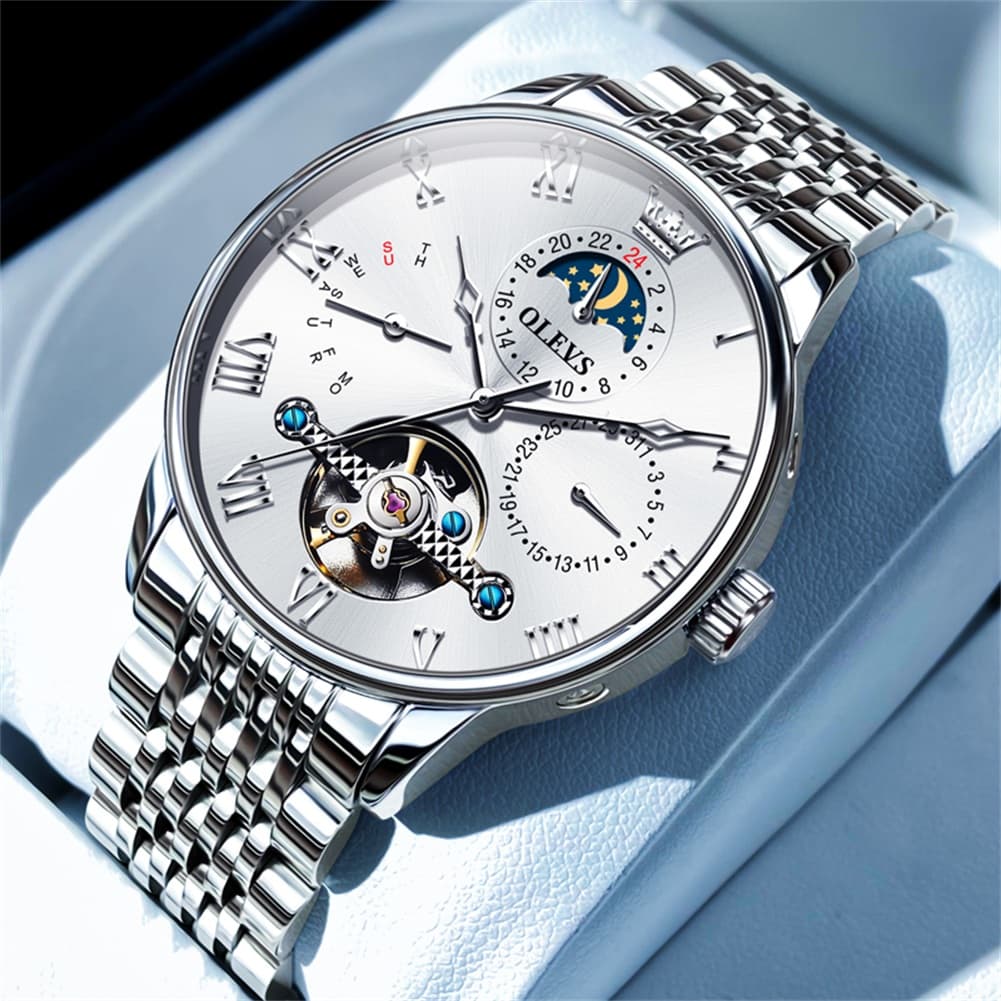 OLEVS 7009 Sun and Moon Skeleton Mechanical Watch for Men