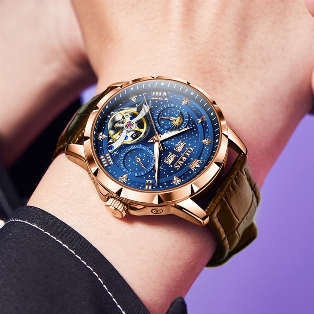 OLEVS 6690 Automatic Skeleton Starry Sky Steel Leather Watch for Men