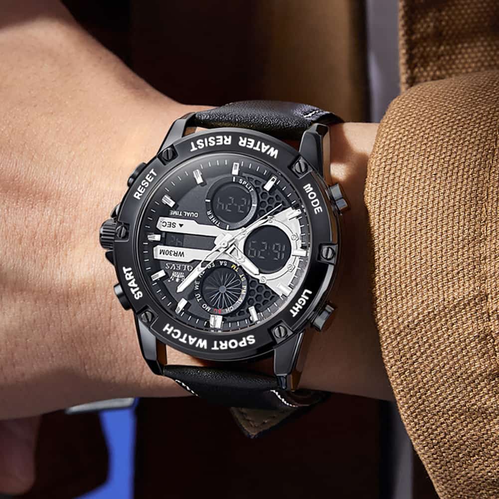 OLEVS 1110 Rugged Dual Display Leather Sport Watch for Men